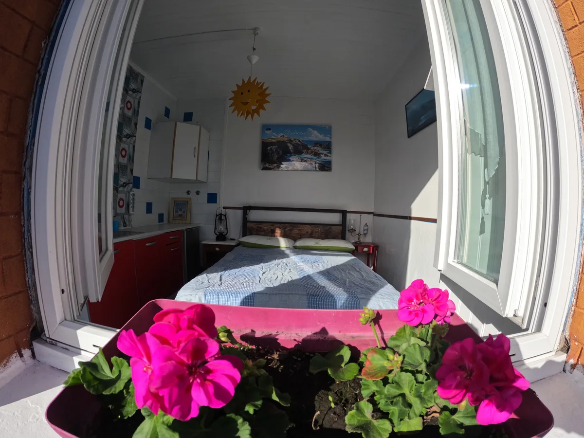 Chambre ensoleillée avec géraniums à La Chaloupe